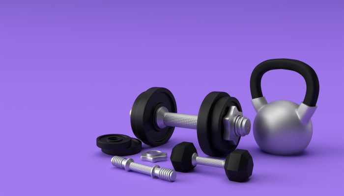 3d Render Dumbbells Set, Realistic Detailed Close Up View Isolated Sport Element of Fitness Dumbbell Design.