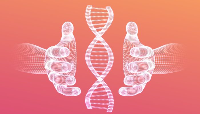DNA sequence in hands. Wireframe DNA molecules structure mesh. DNA code editable template. Science and Technology concept. Vector illustration