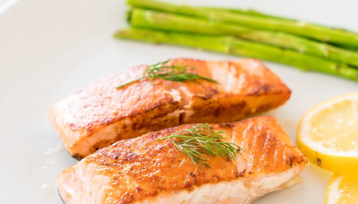 grilled salmon steak on the table