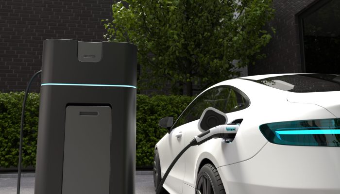 Electric car charging at home, Clean energy filling technology. 3D illustration