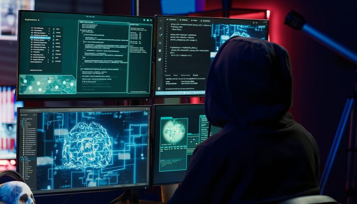 Cybercriminal using AI machine learning to develop zero day exploit undetectable by antivirus software. Hacker using artificial intelligence technology to build script tricking firewalls, camera A