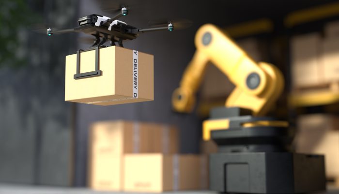 Drone delivering goods in the city, Autonomous delivery robot, Business air transportation concept. 3D illustration