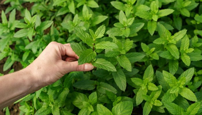 Woman hand close up touching fresh organic mint in the garden. Healthy food and life concept