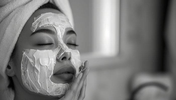 banner, copy space, medium shot, Woman applying facial beauty mask. Concept of scincare and beauty tips at home. on bathroom background, in the style of black and white photo, , asian-inspired, hd mod, dau al set, photo, wood , --ar 16:9 --v 6 Job ID: 7f17ab20-9b5f-473c-be8b-e10b9ed44037