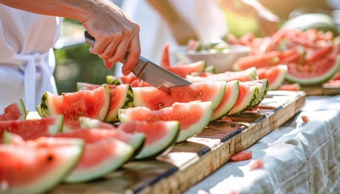 Stock photo of a person is using a knife to cut watermelon on the table, which has many slices of fresh and juicy melons on it. The tabletop surface features white linen fabric and natural wood color, creating an outdoor dining scene with sunlight shining down. It's a high definition photography style with bright colors, showcasing people enjoying summer in the sun, --ar 3:2 --style raw